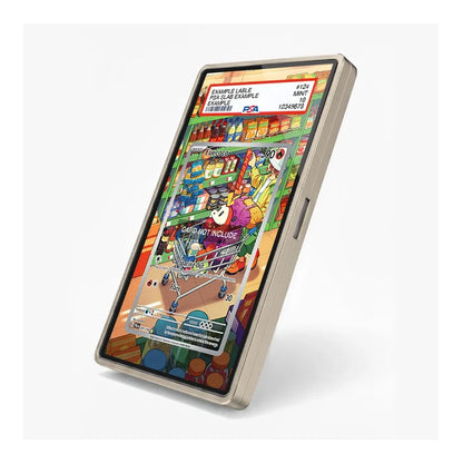 A slim rectangular electronic device with a metallic silver-gray frame, shown standing at an angle on a light gray background. The screen displays a colorful illustrated grocery store scene with a shopping cart and a coupon-like graphic.
