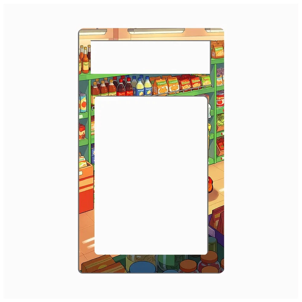 A rectangular phone case with rounded corners featuring a colorful cartoon-style illustration of a grocery store aisle. The design shows shelves stocked with various packaged foods and drinks, with a large blank white center cutout.