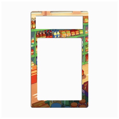 A rectangular phone case with rounded corners featuring a colorful cartoon-style illustration of a grocery store aisle. The design shows shelves stocked with various packaged foods and drinks, with a large blank white center cutout.