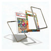 Three transparent protective glass or plastic screen frames with metallic edges are displayed floating against a white background, with one frame standing upright and the others angled in front. A colorful illustrated insert card is partially visible behind them.
