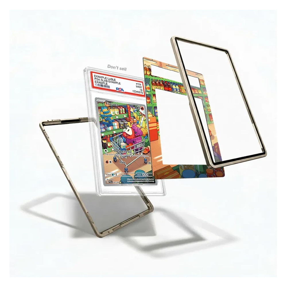 Three transparent protective glass or plastic screen frames with metallic edges are displayed floating against a white background, with one frame standing upright and the others angled in front. A colorful illustrated insert card is partially visible behind them.