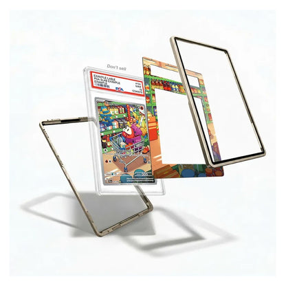 Three transparent protective glass or plastic screen frames with metallic edges are displayed floating against a white background, with one frame standing upright and the others angled in front. A colorful illustrated insert card is partially visible behind them.