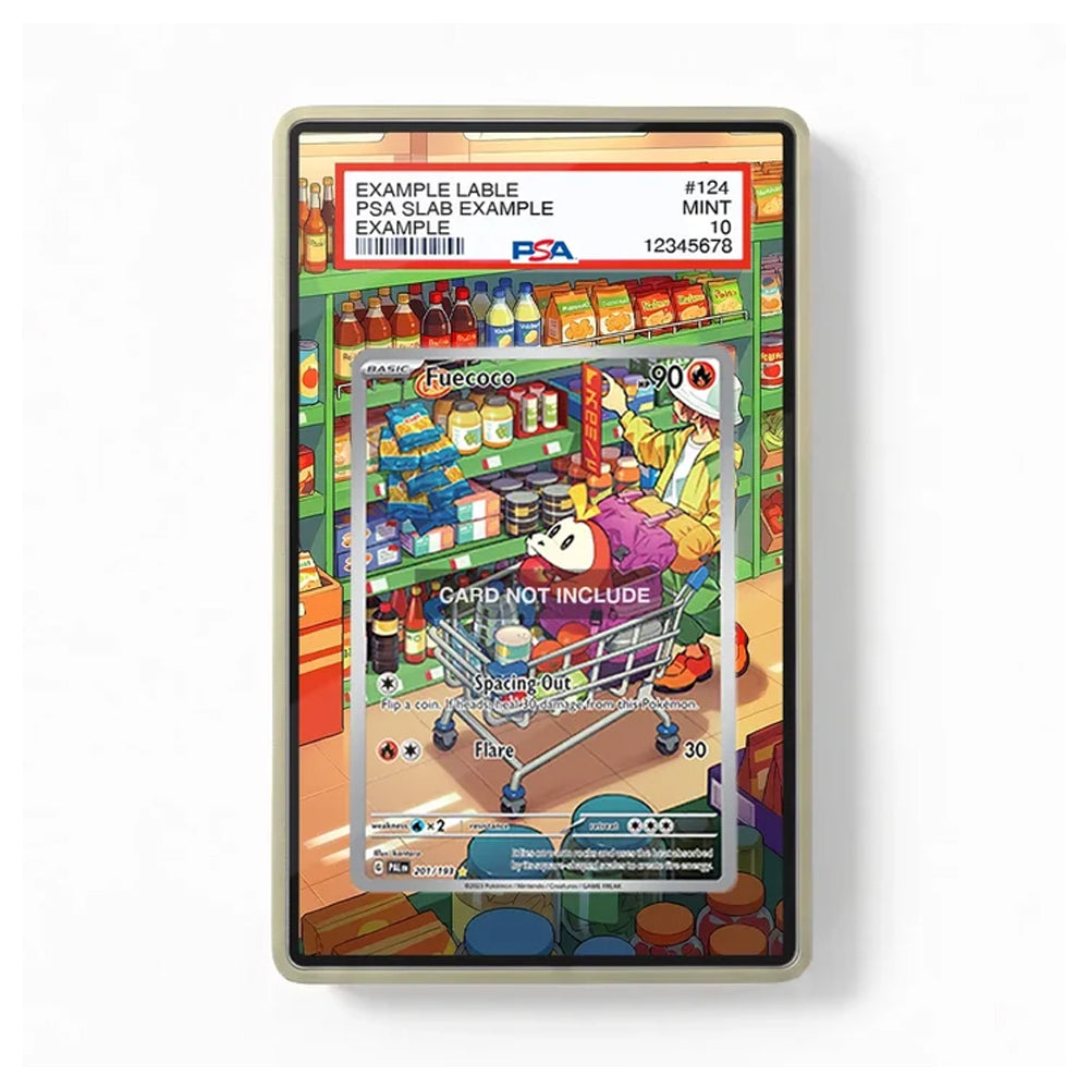 A PSA graded display card featuring a colorful cartoon grocery store scene, shown in a clear protective slab with a gray border on a white background. The PSA grading label is visible at the top.