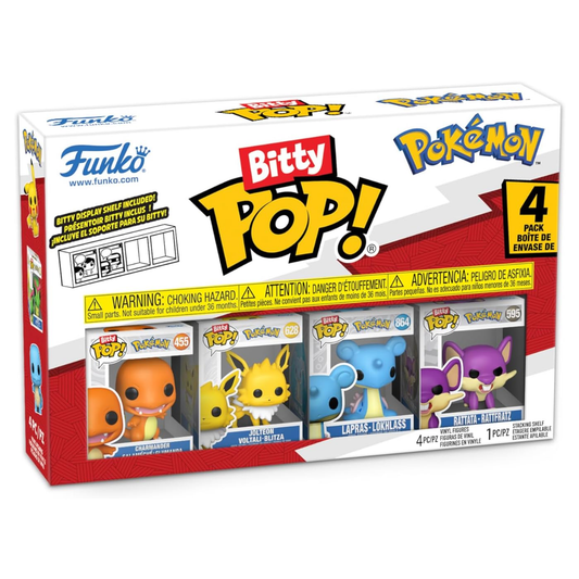Funko Bitty Pop! Pokemon packaging with four figures on a white background
