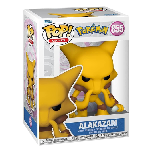 Funko Pop! Alakazam vinyl figure packaging with Pokémon branding on a white background