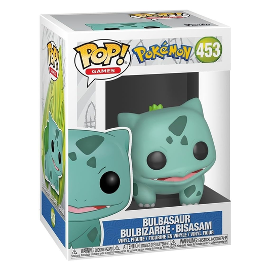Funko Pop! Bulbasaur figure packaging with branding and product details.