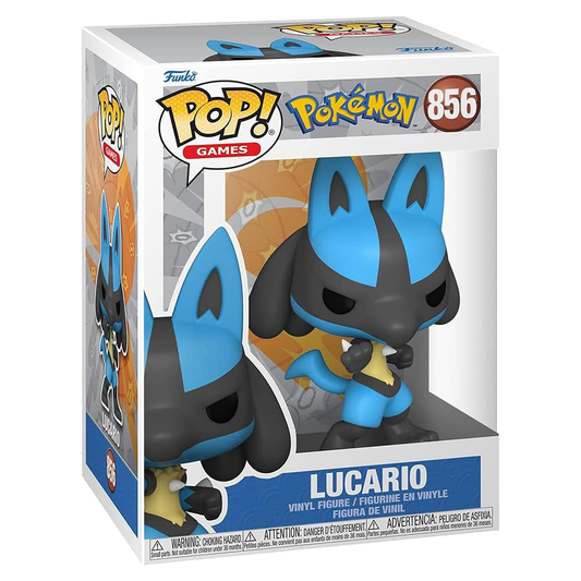 Funko Pop! packaging for Lucario figure with branding and product details.