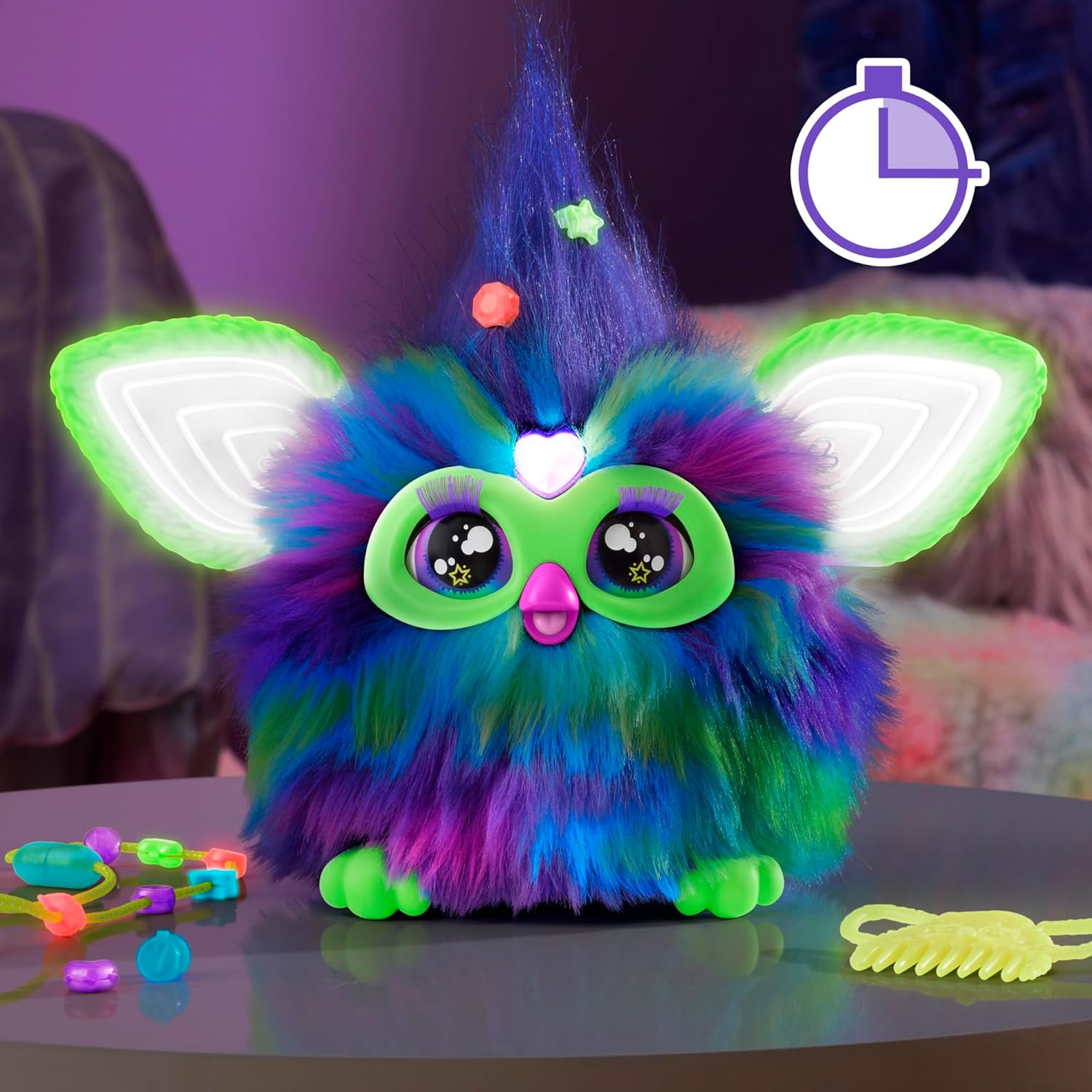 Furby Galaxy Edition interactive plush toy glowing in the dark with 15 colorful fashion accessories for kids