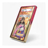 A slim rectangular card reader or card case shown standing upright at an angle on a light gray background. The device has a gold-toned outer frame, a pink inner frame, and a display screen showing a sample card with autumn leaf artwork and card details.
