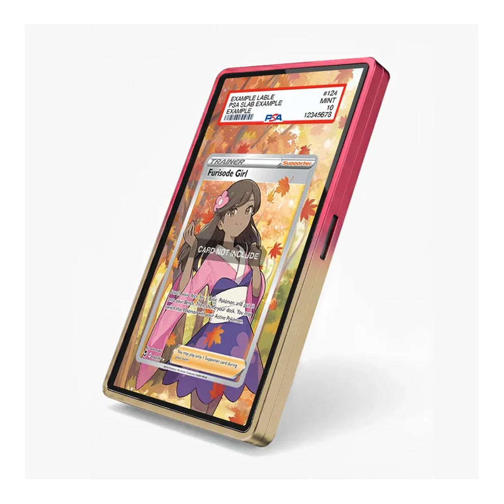 A slim rectangular card reader or card case shown standing upright at an angle on a light gray background. The device has a gold-toned outer frame, a pink inner frame, and a display screen showing a sample card with autumn leaf artwork and card details.