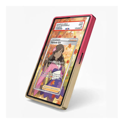 A slim rectangular card reader or card case shown standing upright at an angle on a light gray background. The device has a gold-toned outer frame, a pink inner frame, and a display screen showing a sample card with autumn leaf artwork and card details.