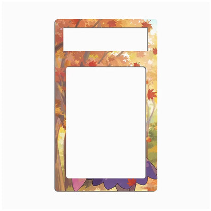 A rectangular decorative frame or magnet with rounded corners, featuring an autumn forest design with orange, yellow, and red leaves around the border, with two blank white rectangular cutouts near the top and center.