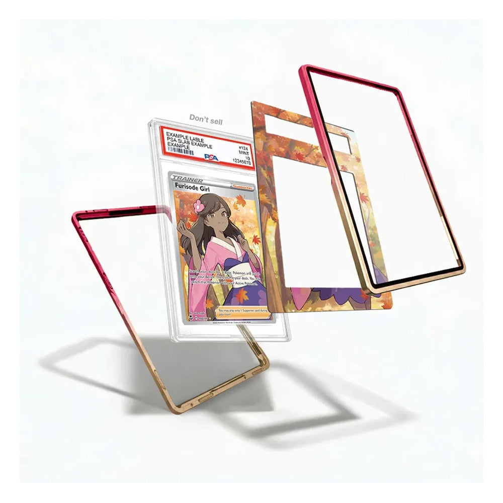 A set of custom card protectors and frames displayed on a clean white background. The set includes a red and gold frame, a gold and orange patterned frame, and a clear protective case containing a graded Pokémon TCG card.