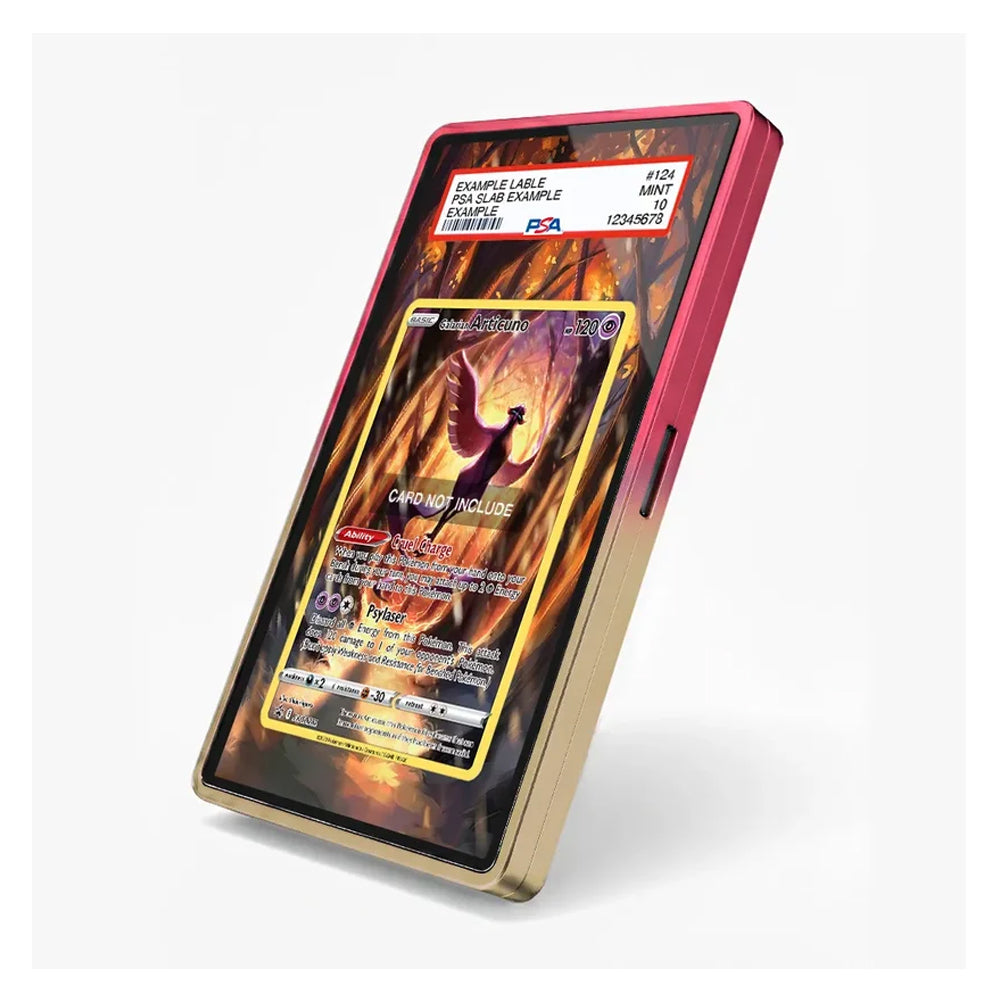 A custom protective phone case shown at an angle, featuring a printed design of a Pokémon trading card (Charizard) on the back, with a hot pink bumper and a gold-toned frame.