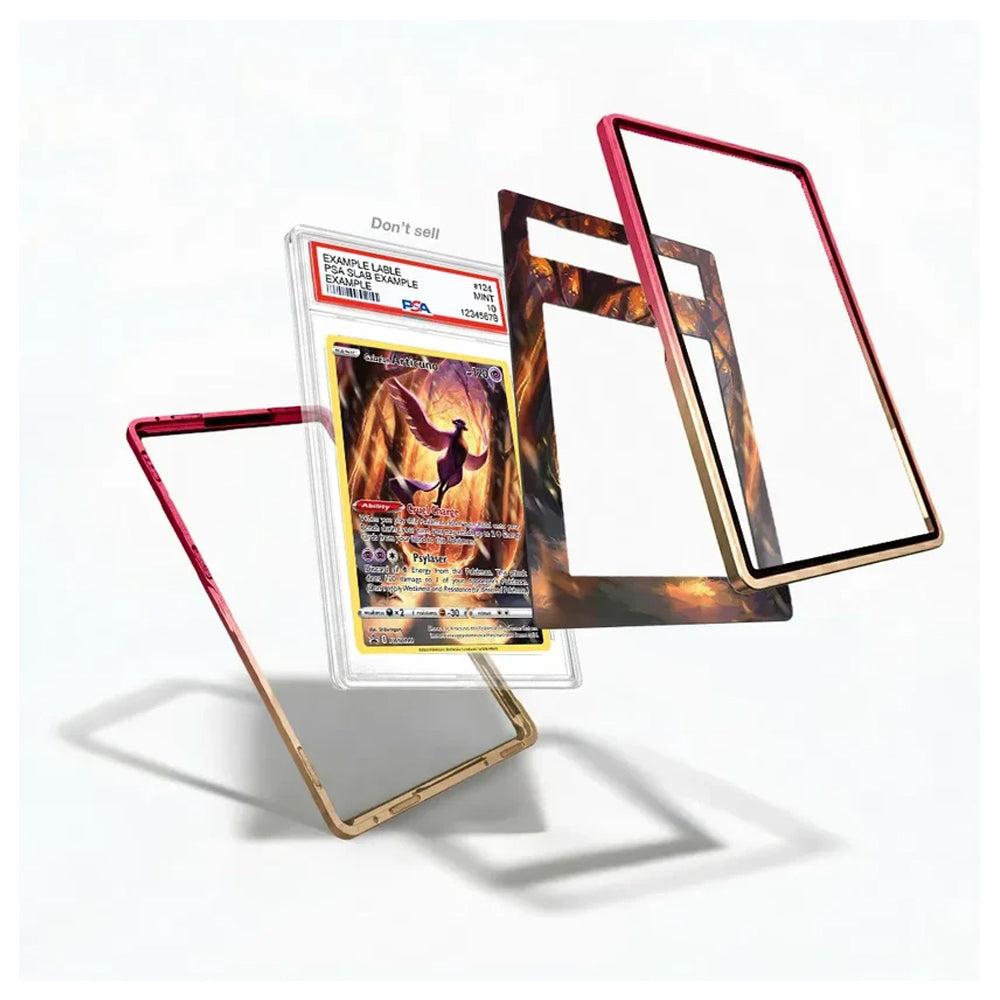 A set of custom protective frames for collectible trading cards, shown floating around a graded Pokémon TCG card. The frames feature a metallic gold base with a red gradient on the inner border, and one frame has a printed fiery pattern.