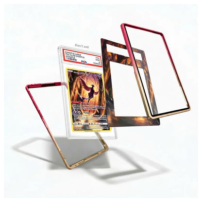 A set of custom protective frames for collectible trading cards, shown floating around a graded Pokémon TCG card. The frames feature a metallic gold base with a red gradient on the inner border, and one frame has a printed fiery pattern.