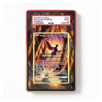 A PSA graded protective card case for a Pokémon trading card, featuring a red border and a clear top label showing PSA certification details. The center contains a sample Pokémon card with a fiery phoenix illustration and a 'CARD NOT INCLUDE' overlay.