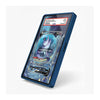 A blue protective phone case with a clear screen protector, shown holding a Pokémon Arceus trading card. The case has a blue outer bumper and a clear back, photographed on a clean white background.