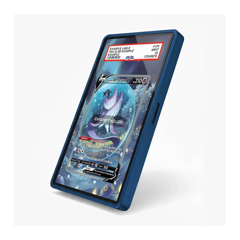 A blue protective phone case with a clear screen protector, shown holding a Pokémon Arceus trading card. The case has a blue outer bumper and a clear back, photographed on a clean white background.