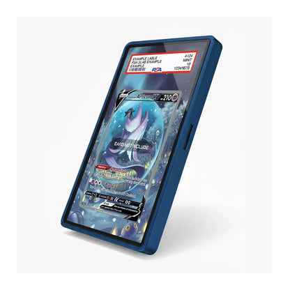 A blue protective phone case with a clear screen protector, shown holding a Pokémon Arceus trading card. The case has a blue outer bumper and a clear back, photographed on a clean white background.