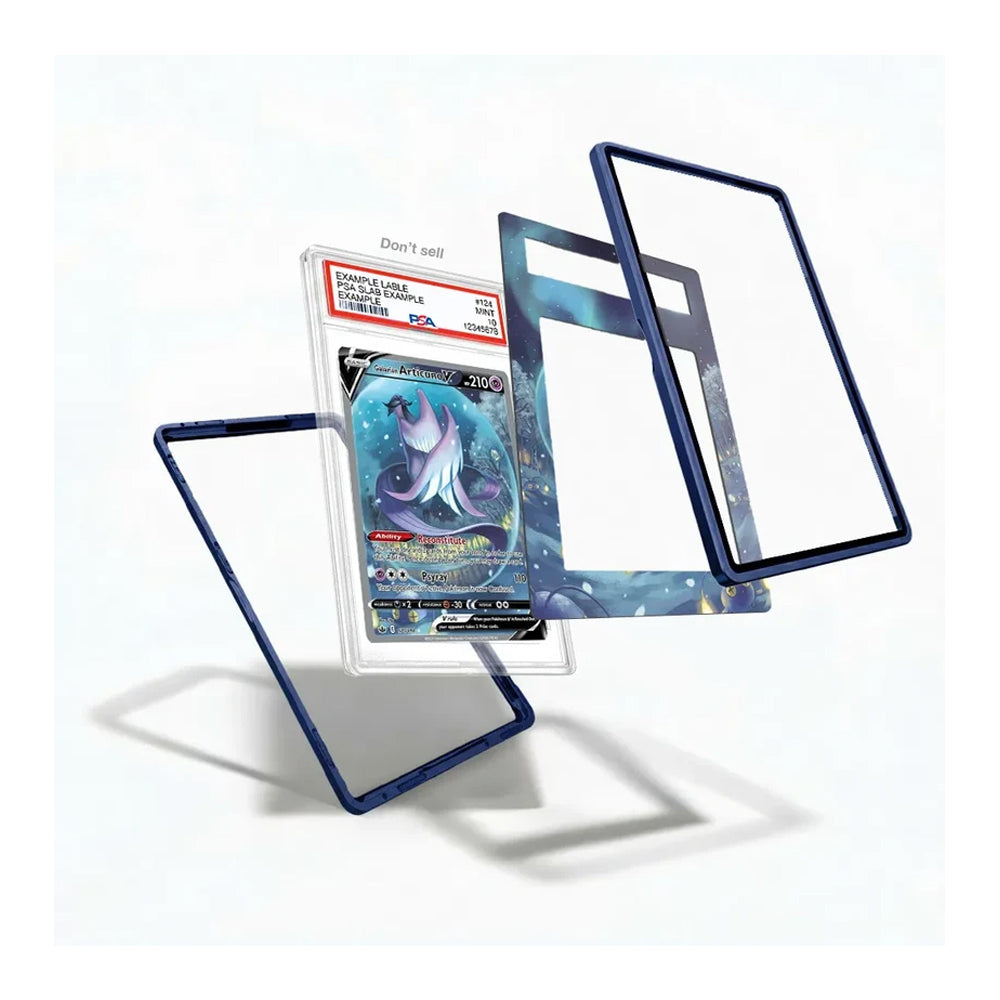 A set of custom dark blue acrylic card protectors and frames displayed in a floating, exploded view around a graded PSA-10 Pokémon TCG card on a clean white background.