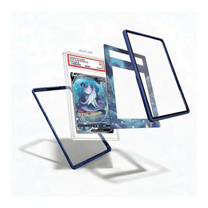 A set of custom dark blue acrylic card protectors and frames displayed in a floating, exploded view around a graded PSA-10 Pokémon TCG card on a clean white background.