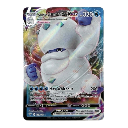 A single Pokémon trading card featuring the character Galvan Darmanitan VMAX from Dynamax. The card has a holographic silver border, a blue and black background, and a large white creature illustration with purple accents.