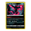 A single Pokémon trading card for Galarian Moltres from the Eevee Era, featuring a yellow border, black background, and artwork of a dark bird with pink wings against a blue and black sky.