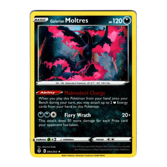 A single Pokémon trading card for Galarian Moltres from the Eevee Era, featuring a yellow border, black background, and artwork of a dark bird with pink wings against a blue and black sky.