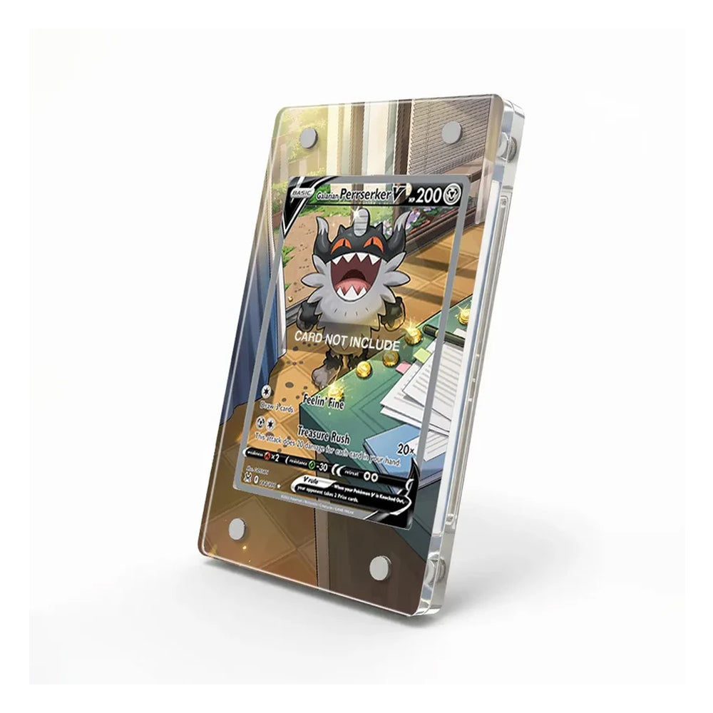 A clear acrylic display stand holding a Pokémon TCG card featuring a dark gray creature, shown on a clean white background.