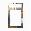 A rectangular decorative wall mirror with rounded corners, featuring an anime-style illustration of a window scene with blue curtains, sunlight, and a wooden floor. The top portion of the mirror has a blank white rectangle, likely for mounting or design customization.