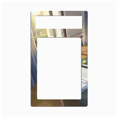 A rectangular decorative wall mirror with rounded corners, featuring an anime-style illustration of a window scene with blue curtains, sunlight, and a wooden floor. The top portion of the mirror has a blank white rectangle, likely for mounting or design customization.