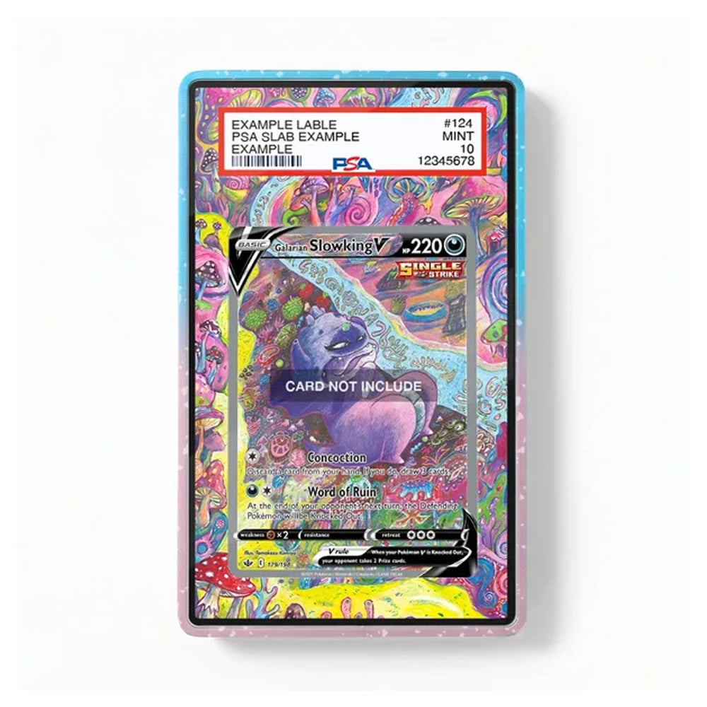 A PSA graded collectible card slab containing a colorful psychedelic trading card, shown against a plain white background. The slab has a blue and pink gradient border, and the card features a busy multicolor pattern with a purple creature and a white PSA label at the top.