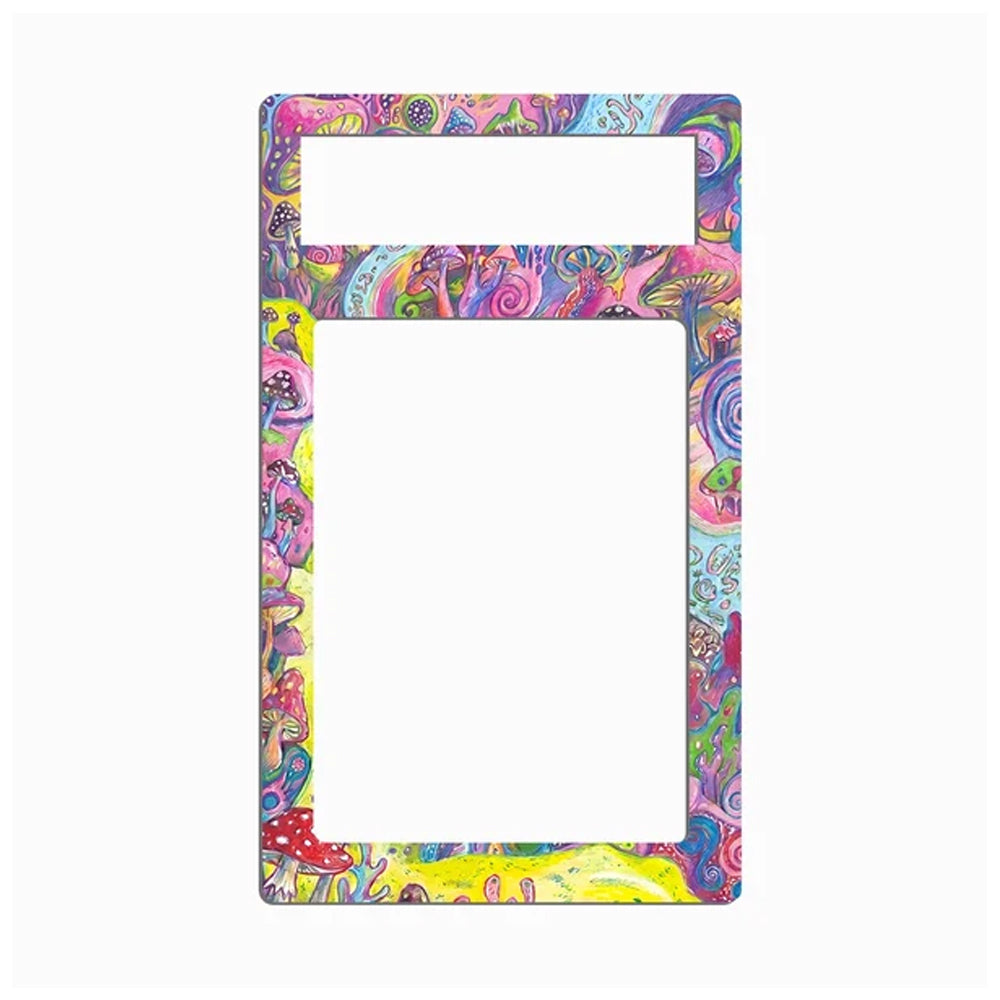 A rectangular phone case with a colorful psychedelic pattern, featuring a large blank center cutout and a smaller cutout at the top, shown on a plain white background.