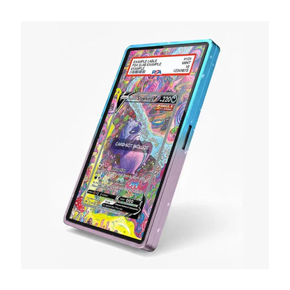 A smartphone case shown at an angle on a light gray background. The case has a colorful, psychedelic card-art print with blue, purple, pink, yellow, and green tones, and includes sample text and card graphics.