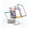 Three clear acrylic protective frames for Pokémon trading cards, featuring a blue-to-purple gradient on one frame and a multicolor patterned design on the others, displayed around a graded holographic Pokémon card on a white background.