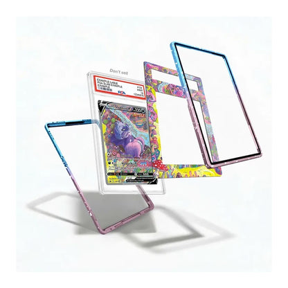 Three clear acrylic protective frames for Pokémon trading cards, featuring a blue-to-purple gradient on one frame and a multicolor patterned design on the others, displayed around a graded holographic Pokémon card on a white background.