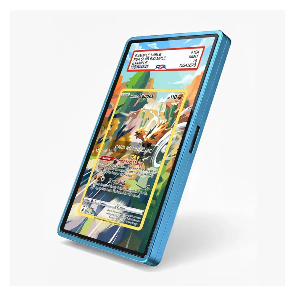 A blue protective case around a smartphone, shown at an angle on a light gray background. The phone screen displays a sample Pokémon trading card insert labeled 'EXAMPLE LABEL'.