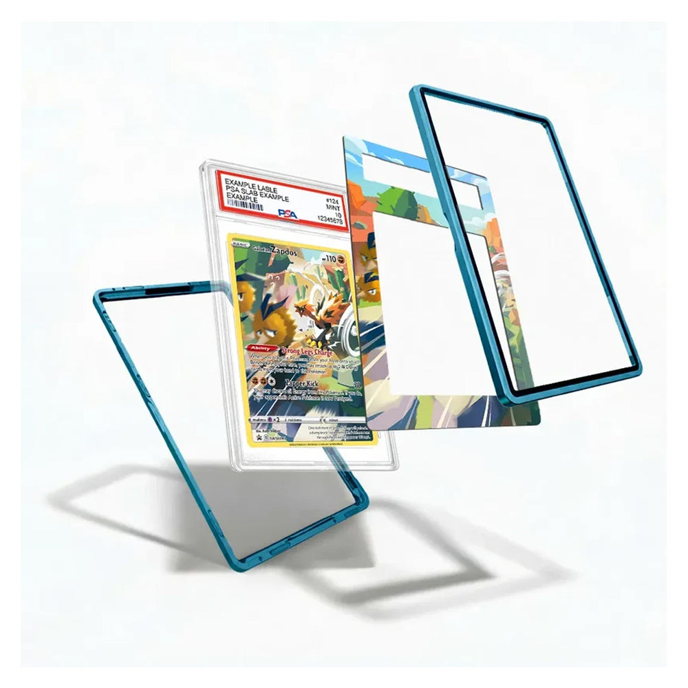 Three transparent protective frames with a metallic blue edge are shown floating around a graded Pokémon TCG card on a clean white background.