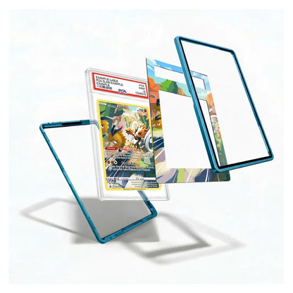 Three transparent protective frames with a metallic blue edge are shown floating around a graded Pokémon TCG card on a clean white background.