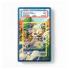 A blue acrylic protective card case holding a Pokémon TCG trading card, shown against a plain white background. The card features a colorful illustrated design with a PSA grading label at the top.