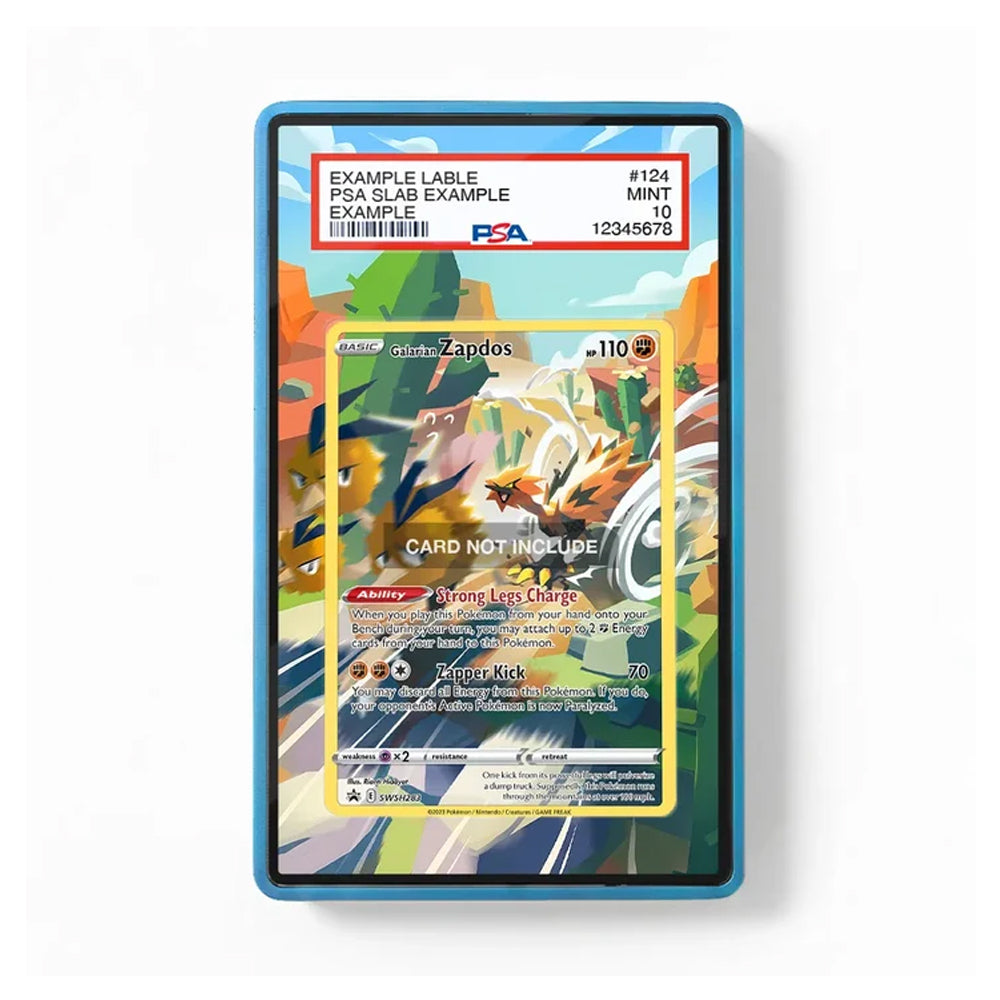 A blue acrylic protective card case holding a Pokémon TCG trading card, shown against a plain white background. The card features a colorful illustrated design with a PSA grading label at the top.