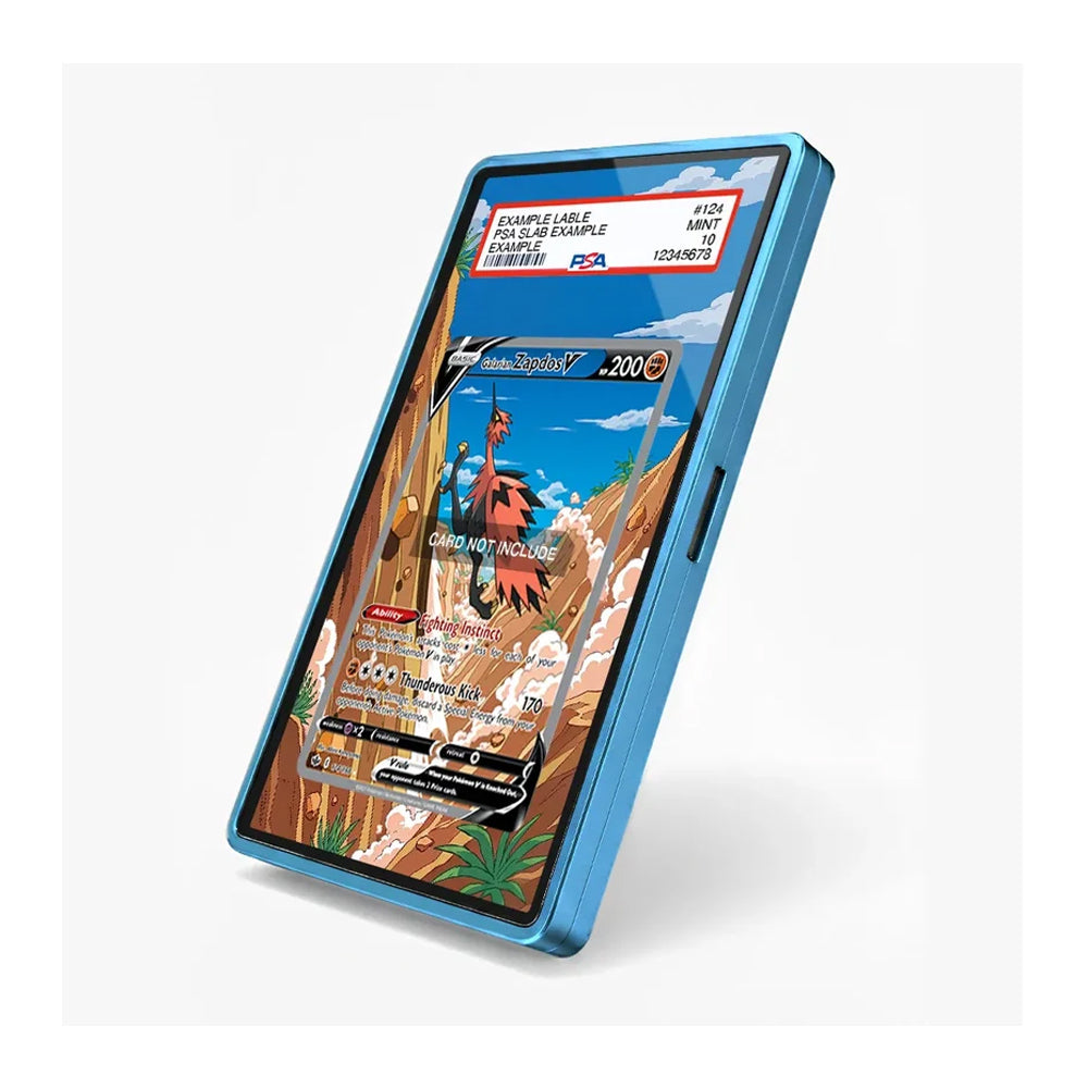 A blue protective smartphone case shown at an angle on a light gray background, with a sample Pokémon trading card mockup displayed on the phone screen.