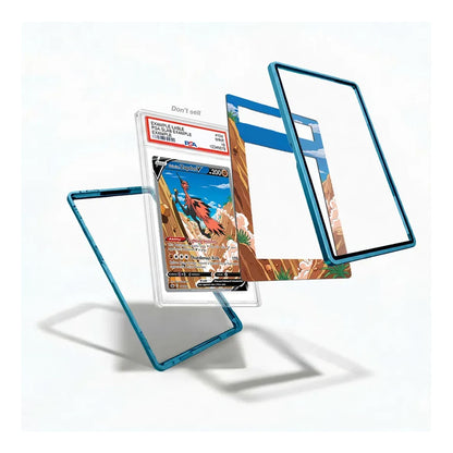 A set of custom acrylic card sleeves with a translucent teal blue border, shown in an exploded view with a Pokémon trading card inside one sleeve to demonstrate use. The background is a clean white studio backdrop.