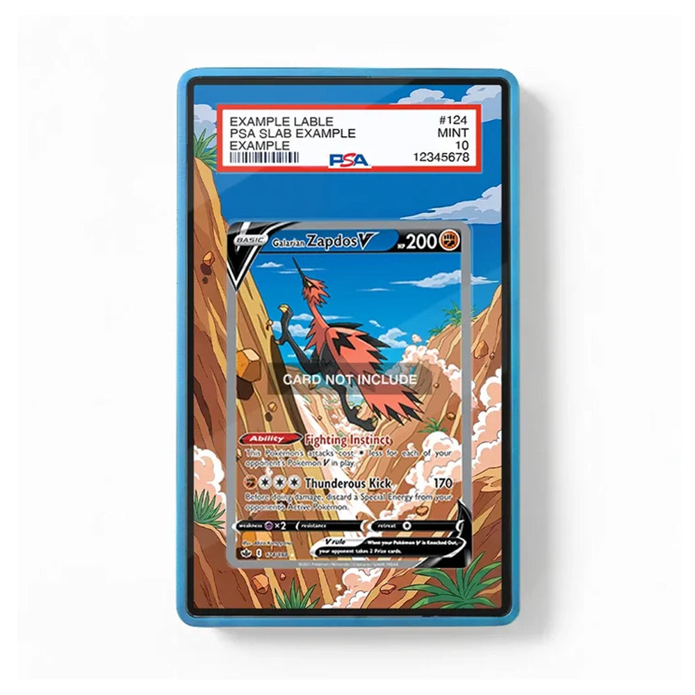 A PSA-certified collectible card featuring a Zapdos illustration, displayed in a blue protective slab with a white PSA label at the top. The slab is photographed against a clean white background.