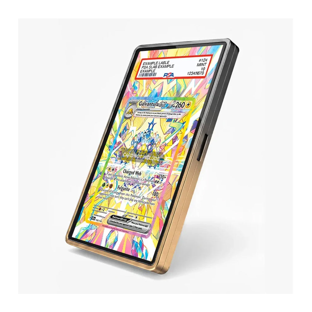 A smartphone shown at an angle on a light gray background, displaying a colorful Pokémon trading card game screen with a holographic, rainbow-like pattern. The phone has a black front and a metallic gold-toned edge.