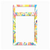 A rectangular phone case frame or decorative cover with a colorful geometric mosaic pattern in yellow, pink, blue, and white, shown on a plain light gray background.