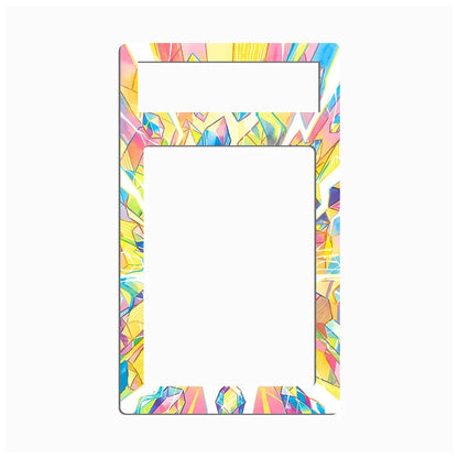 A rectangular phone case frame or decorative cover with a colorful geometric mosaic pattern in yellow, pink, blue, and white, shown on a plain light gray background.