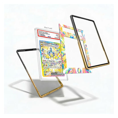 Three transparent protective frames for Pokémon trading cards are displayed on a clean white background, with one frame holding a graded holographic card. The frames feature black, gold, and a colorful pastel multicolor pattern.