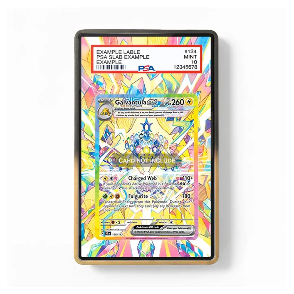 A PSA graded holographic Pokémon Galvantula trading card inside a clear display case with a gold-toned border, shown on a clean white background. The card features a vibrant multicolor rainbow holographic pattern and includes a PSA slab label at the top.